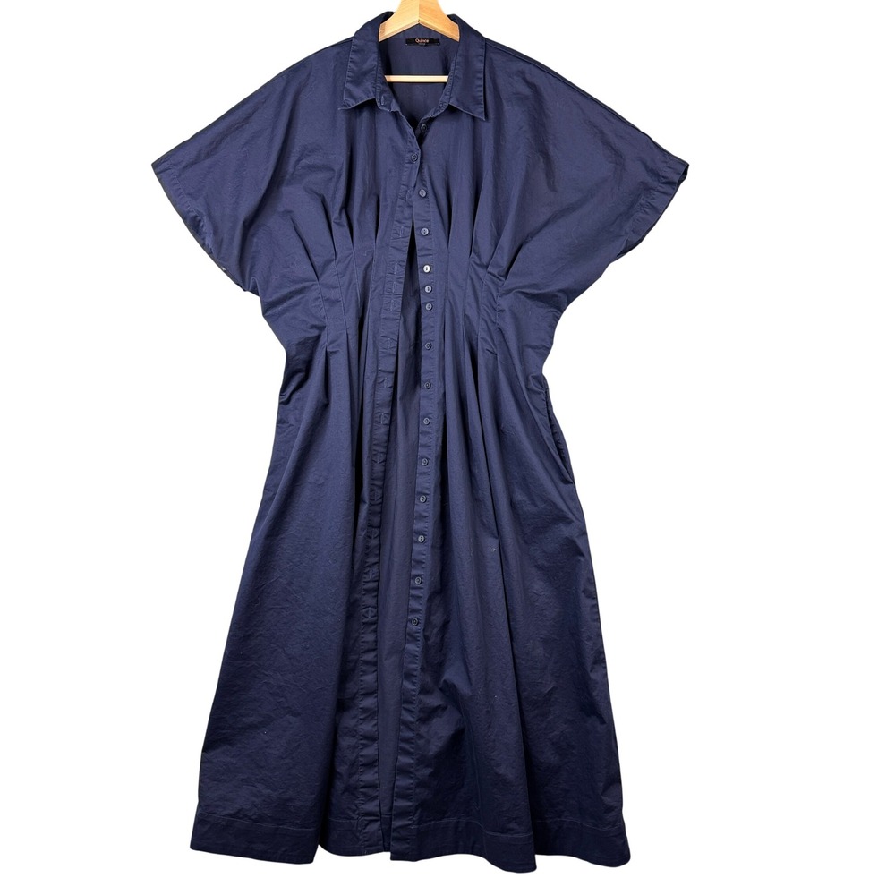 Quince Navy Blue Cotton Stretch Fit and Flare Shirt Dress XL Pleated Midi Dolman